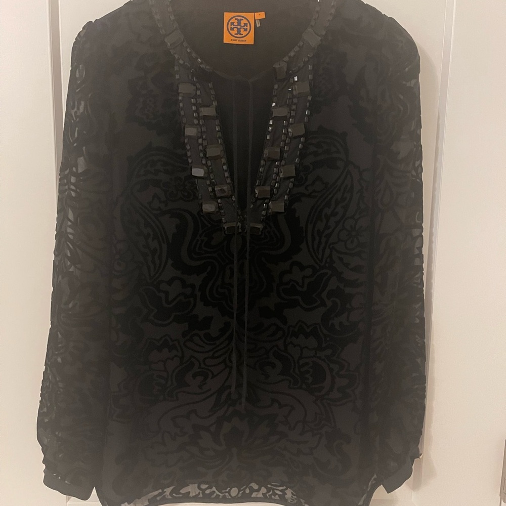 Tory Burch Black Sheer Blouse with Embellishments